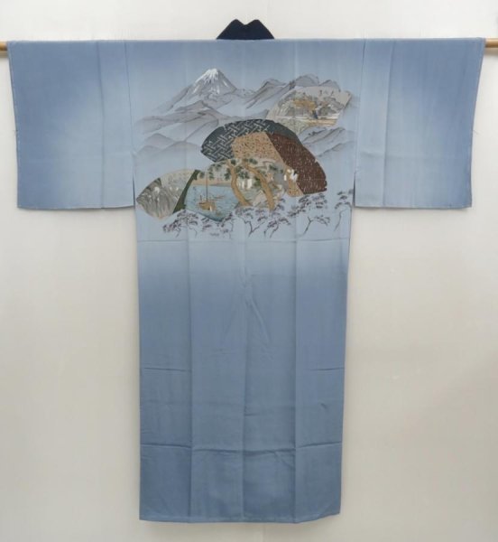 Photo1: 5427T11z470  Japanese Kimono Silk Men's JUBAN Jigami Steel blue (1)