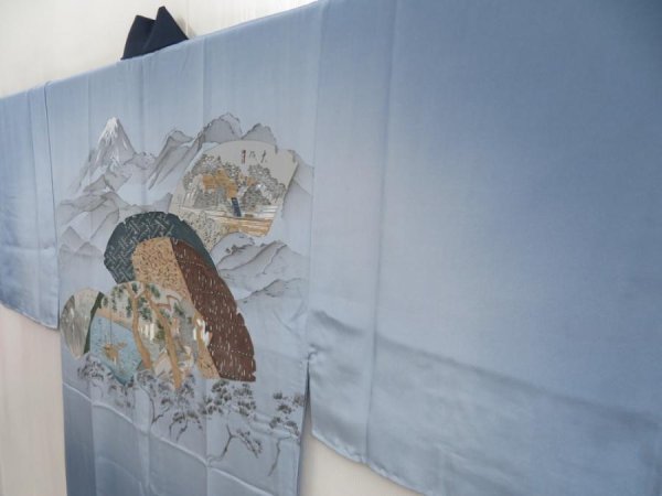 Photo2: 5427T11z470  Japanese Kimono Silk Men's JUBAN Jigami Steel blue (2)