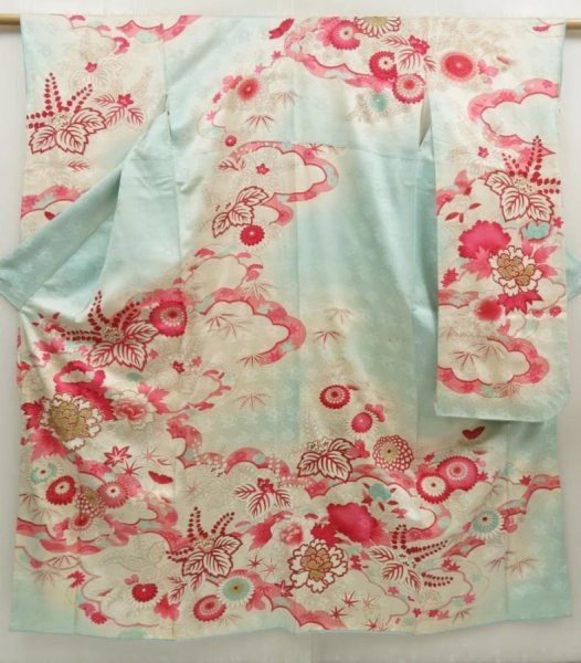 Photo1: 5427T12z890 Vintage Japanese Kimono Silk FURISODE Peony Light blue (1)