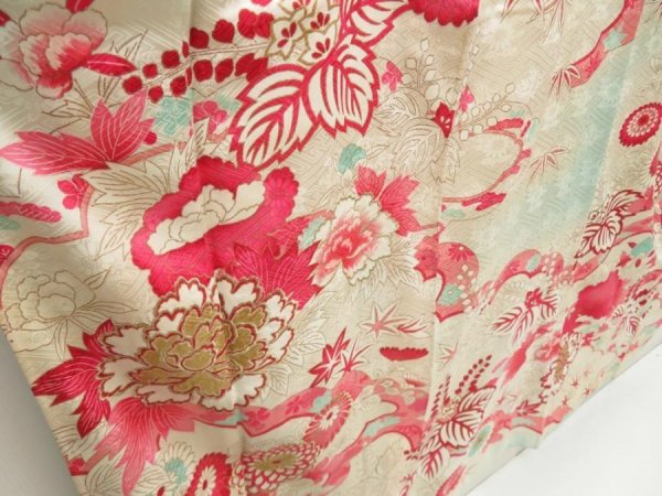 Photo3: 5427T12z890 Vintage Japanese Kimono Silk FURISODE Peony Light blue (3)