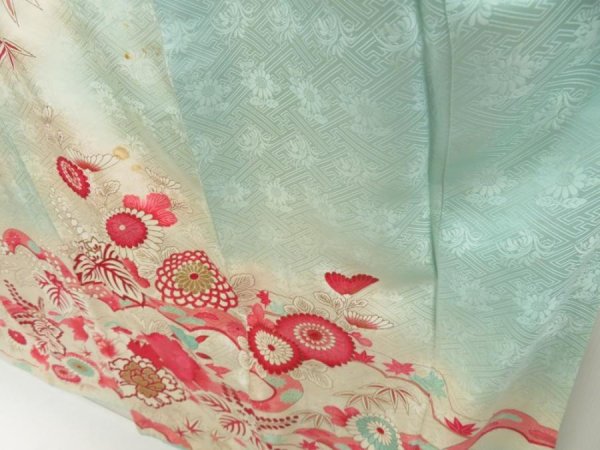Photo4: 5427T12z890 Vintage Japanese Kimono Silk FURISODE Peony Light blue (4)