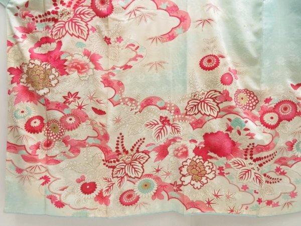 Photo5: 5427T12z890 Vintage Japanese Kimono Silk FURISODE Peony Light blue (5)
