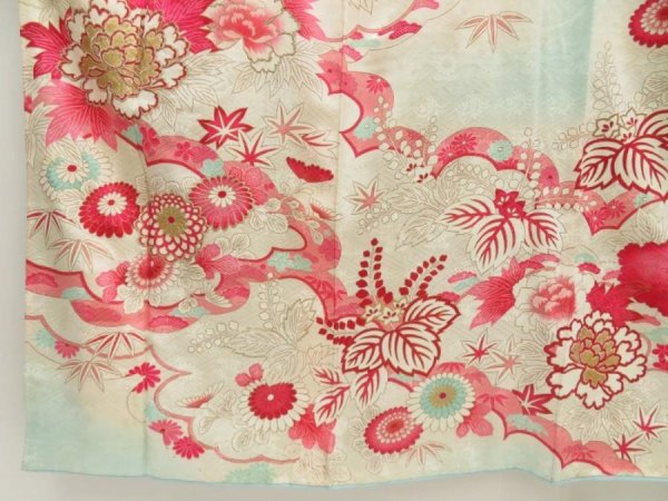 Photo6: 5427T12z890 Vintage Japanese Kimono Silk FURISODE Peony Light blue (6)