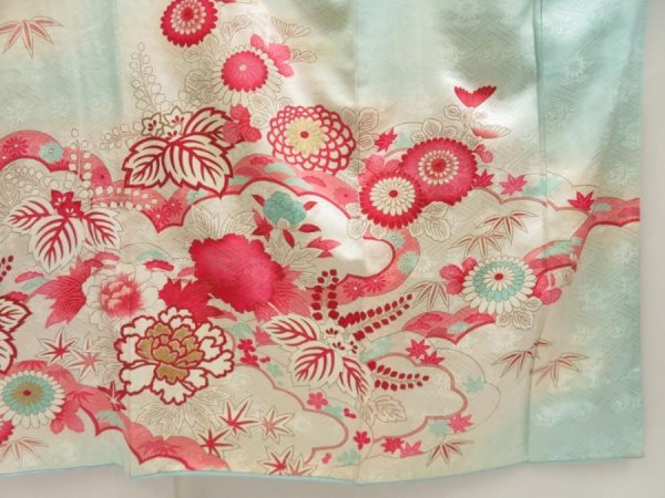 Photo7: 5427T12z890 Vintage Japanese Kimono Silk FURISODE Peony Light blue (7)