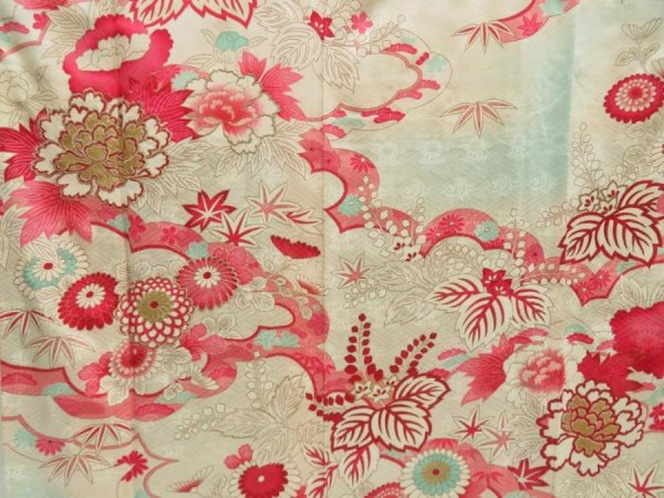 Photo8: 5427T12z890 Vintage Japanese Kimono Silk FURISODE Peony Light blue (8)