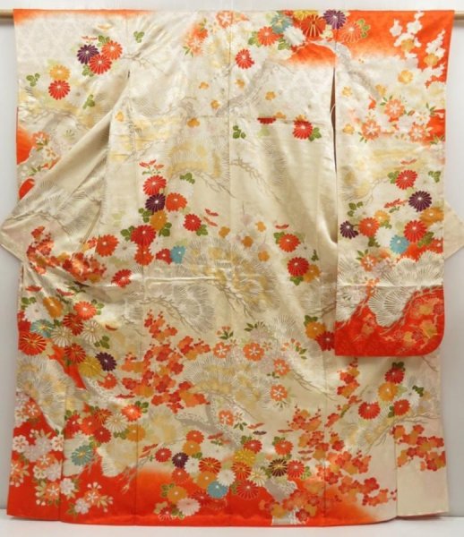 Photo1: 5427T14z1130 Vintage Japanese Kimono Silk FURISODE Chrysanthemum Dark orange (1)