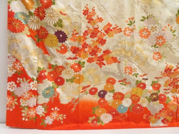 Photo6: 5427T14z1130 Vintage Japanese Kimono Silk FURISODE Chrysanthemum Dark orange (6)