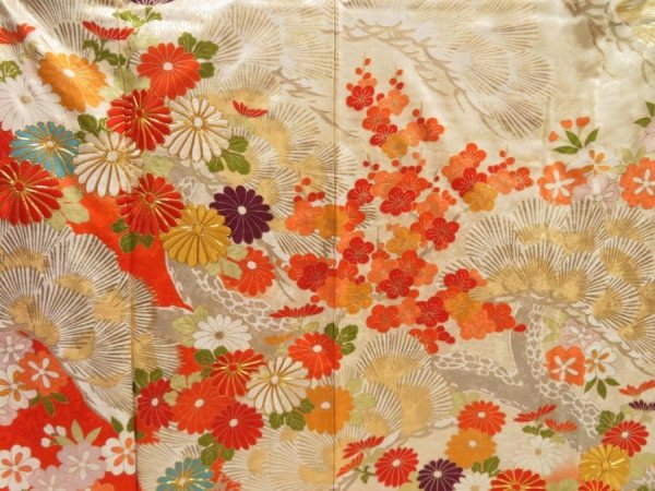 Photo8: 5427T14z1130 Vintage Japanese Kimono Silk FURISODE Chrysanthemum Dark orange (8)