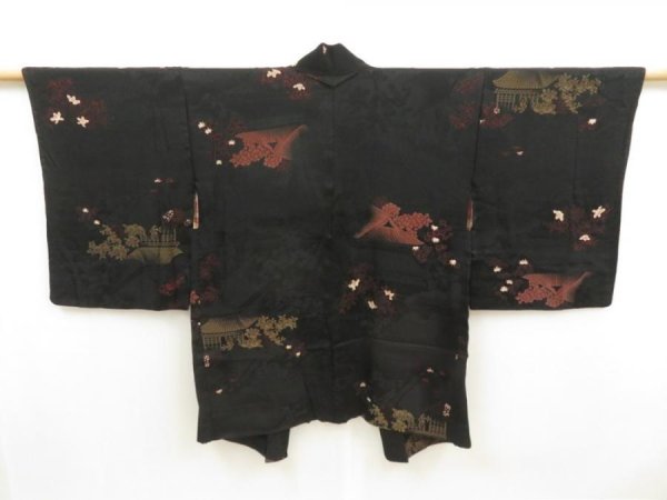 Photo1: 5501T02z560 Vintage Japanese Kimono Silk HAORI Temple Black (1)
