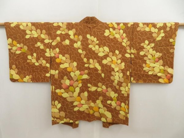 Photo1: 5501T07z540 Vintage Japanese Kimono Silk HAORI Leaf Light brown (1)