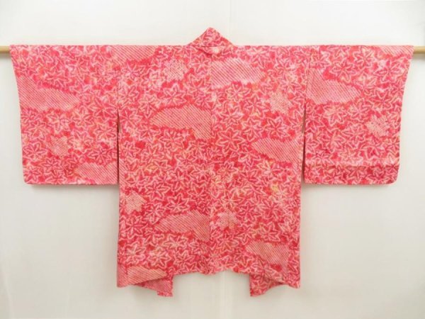 Photo1: 5501T12z450 Vintage Japanese Kimono Silk SHIBORI HAORI Maple Red-Pink (1)
