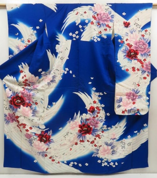 Photo1: 5501T14z1120 Vintage Japanese Kimono Silk FURISODE Flowers Oriental blue (1)