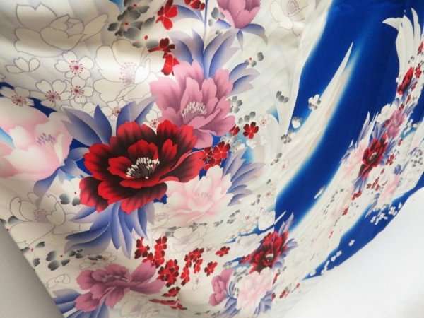Photo3: 5501T14z1120 Vintage Japanese Kimono Silk FURISODE Flowers Oriental blue (3)