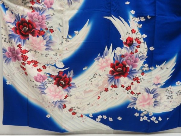 Photo5: 5501T14z1120 Vintage Japanese Kimono Silk FURISODE Flowers Oriental blue (5)