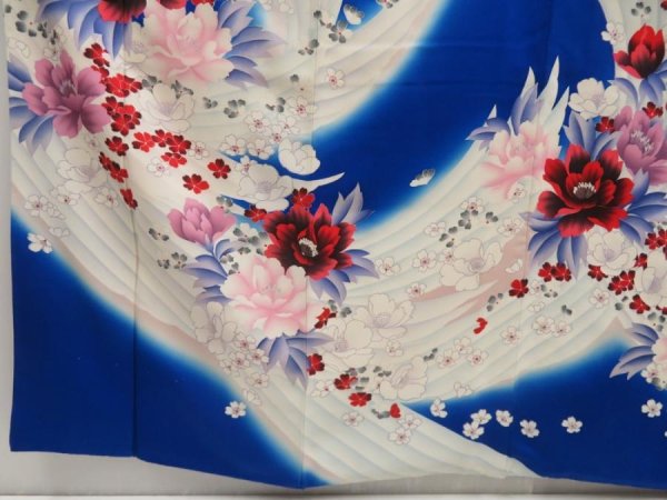 Photo6: 5501T14z1120 Vintage Japanese Kimono Silk FURISODE Flowers Oriental blue (6)