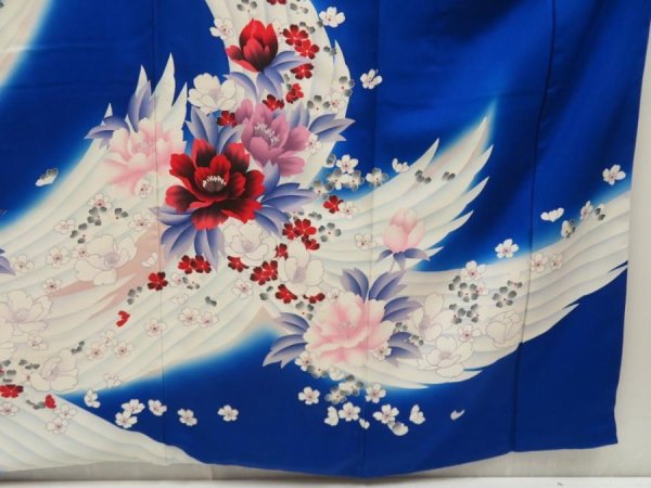 Photo7: 5501T14z1120 Vintage Japanese Kimono Silk FURISODE Flowers Oriental blue (7)