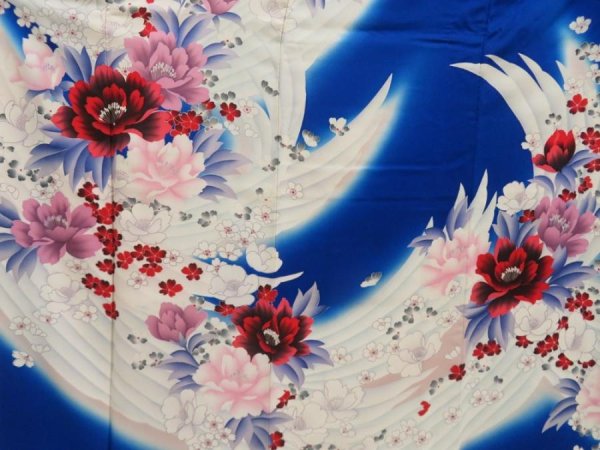 Photo8: 5501T14z1120 Vintage Japanese Kimono Silk FURISODE Flowers Oriental blue (8)