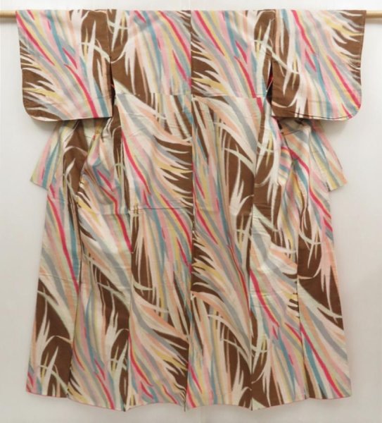 Photo1: 5502T01z660 Vintage Japanese Kimono Silk MEISEN KOMON Leaf Brown (1)