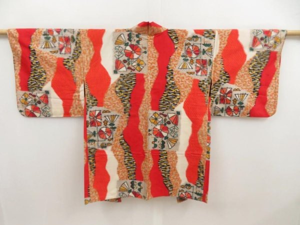 Photo1: 5502T03z370 Vintage Japanese Kimono Silk MEISEN HAORI  Tomato red (1)
