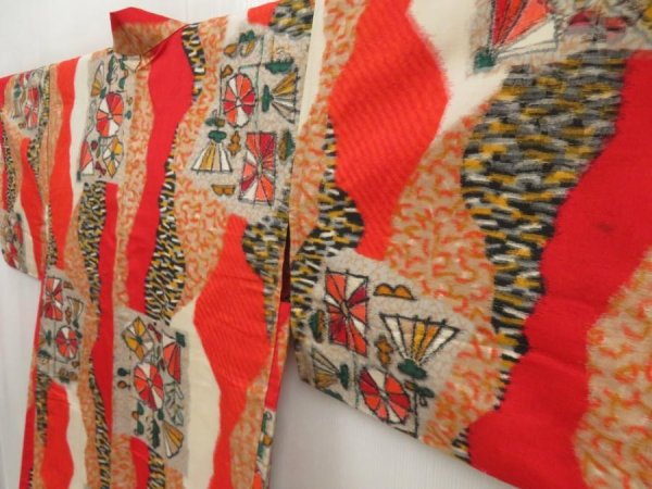 Photo2: 5502T03z370 Vintage Japanese Kimono Silk MEISEN HAORI  Tomato red (2)