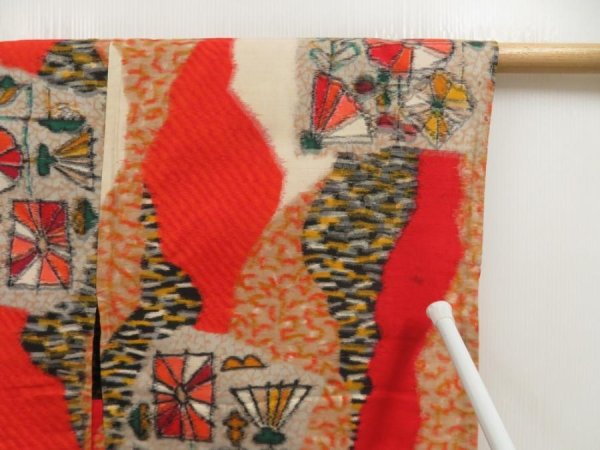 Photo5: 5502T03z370 Vintage Japanese Kimono Silk MEISEN HAORI  Tomato red (5)
