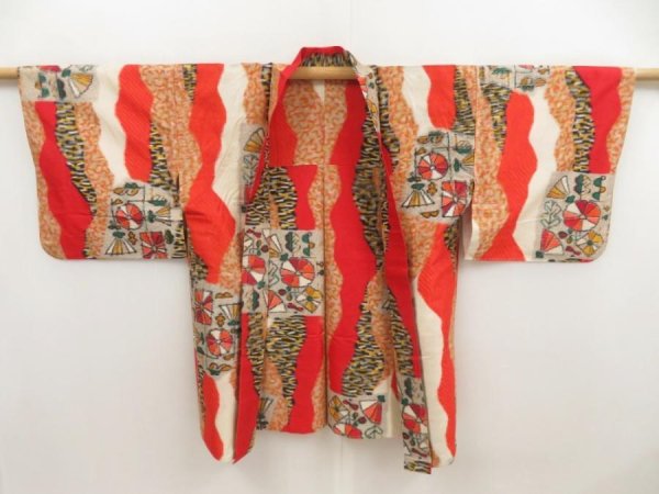 Photo6: 5502T03z370 Vintage Japanese Kimono Silk MEISEN HAORI  Tomato red (6)