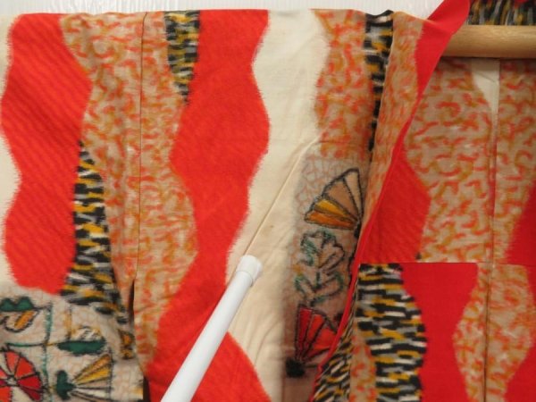 Photo7: 5502T03z370 Vintage Japanese Kimono Silk MEISEN HAORI  Tomato red (7)