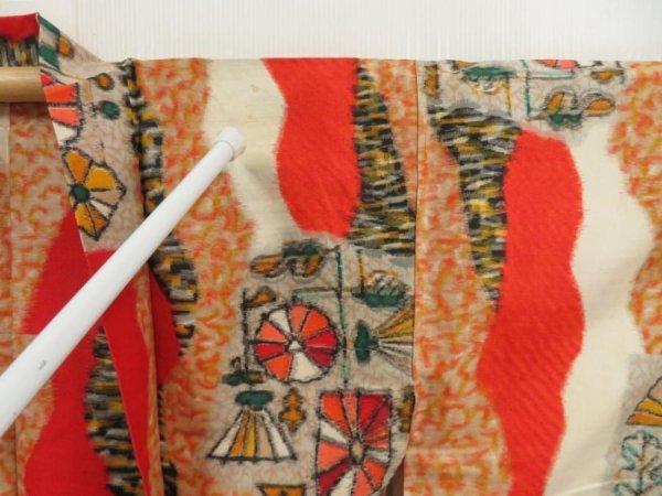 Photo8: 5502T03z370 Vintage Japanese Kimono Silk MEISEN HAORI  Tomato red (8)