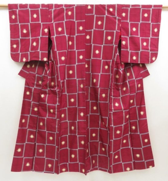 Photo1: 5502T04z580 Vintage Japanese Kimono Silk MEISEN KOMON Wine red (1)