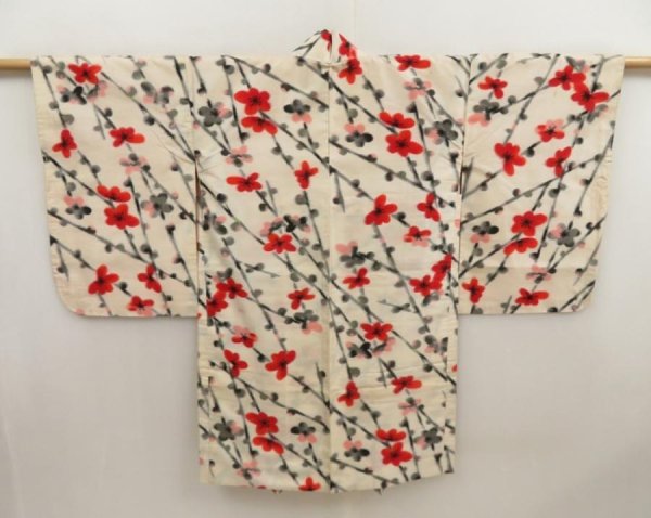 Photo1: 5502T06z420 Vintage Japanese Kimono Silk MEISEN HAORI Plum blossom Off-white (1)