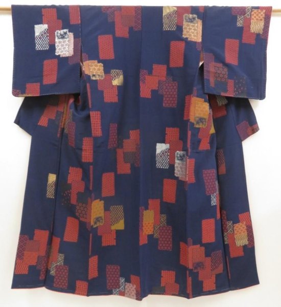 Photo1: 5502T08z860 Vintage Japanese Kimono Silk URUSHI KOMON  Navy (1)