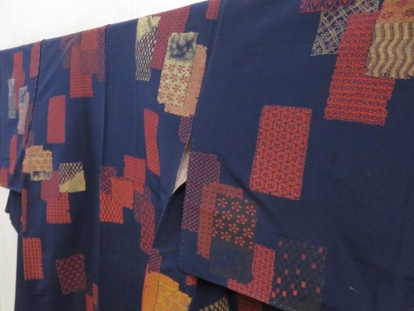 Photo2: 5502T08z860 Vintage Japanese Kimono Silk URUSHI KOMON  Navy (2)