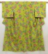 Photo1: 5502T10z820 Vintage Japanese Kimono Silk KOMON Flower Yellow green (1)