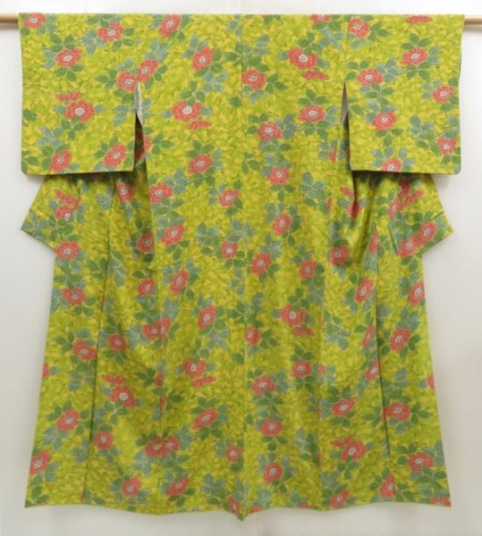 Photo1: 5502T10z820 Vintage Japanese Kimono Silk KOMON Flower Yellow green (1)