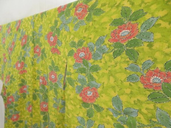 Photo2: 5502T10z820 Vintage Japanese Kimono Silk KOMON Flower Yellow green (2)