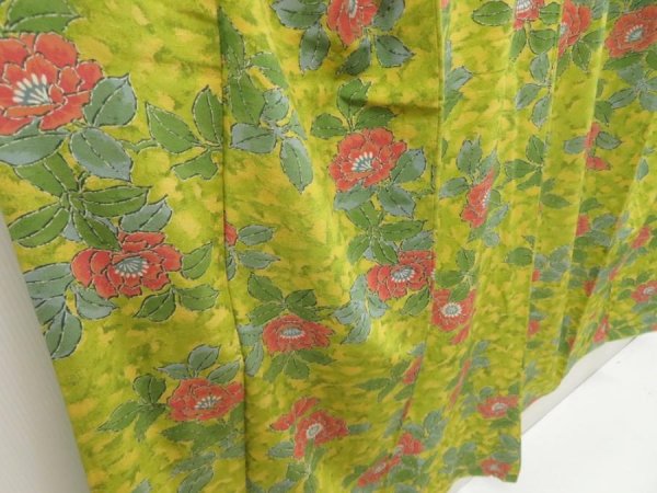 Photo3: 5502T10z820 Vintage Japanese Kimono Silk KOMON Flower Yellow green (3)