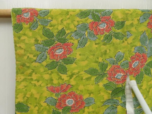 Photo7: 5502T10z820 Vintage Japanese Kimono Silk KOMON Flower Yellow green (7)