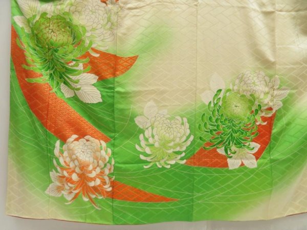 Photo5: 5502T11z1090 Vintage Japanese Kimono Silk FURISODE Chrysanthemum Light green (5)