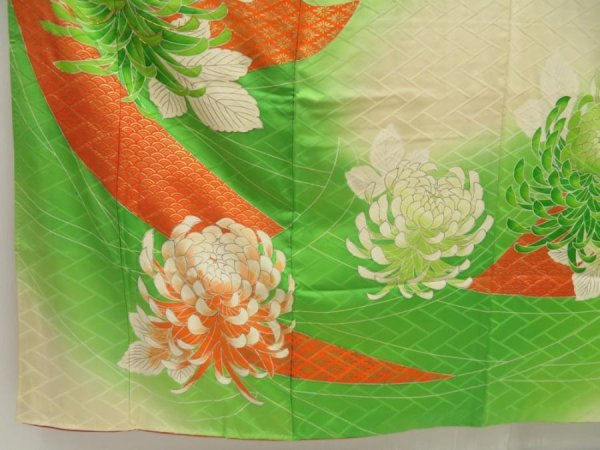 Photo6: 5502T11z1090 Vintage Japanese Kimono Silk FURISODE Chrysanthemum Light green (6)