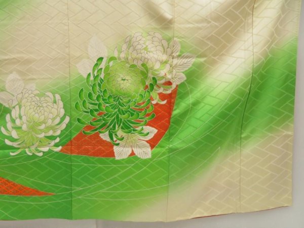 Photo7: 5502T11z1090 Vintage Japanese Kimono Silk FURISODE Chrysanthemum Light green (7)