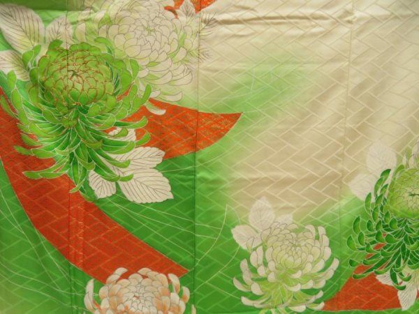 Photo8: 5502T11z1090 Vintage Japanese Kimono Silk FURISODE Chrysanthemum Light green (8)