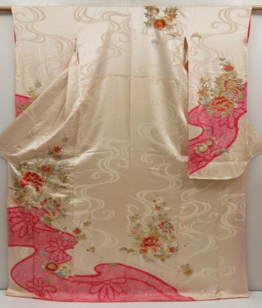 Photo1: 5502T12z1070 Vintage Japanese Kimono Silk FURISODE Peony Off-white (1)