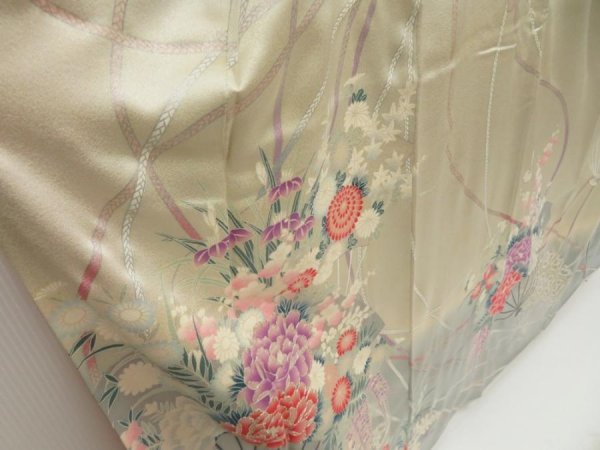 Photo3: 5502T14z1100 Vintage Japanese Kimono Silk FURISODE Peony Off-white (3)