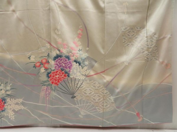 Photo7: 5502T14z1100 Vintage Japanese Kimono Silk FURISODE Peony Off-white (7)
