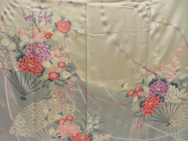 Photo8: 5502T14z1100 Vintage Japanese Kimono Silk FURISODE Peony Off-white (8)