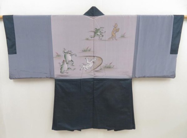 Photo2: 5504T10z500 Vintage Japanese Kimono Silk Men's Oshima HAORI 鳥獣戯画 (2)