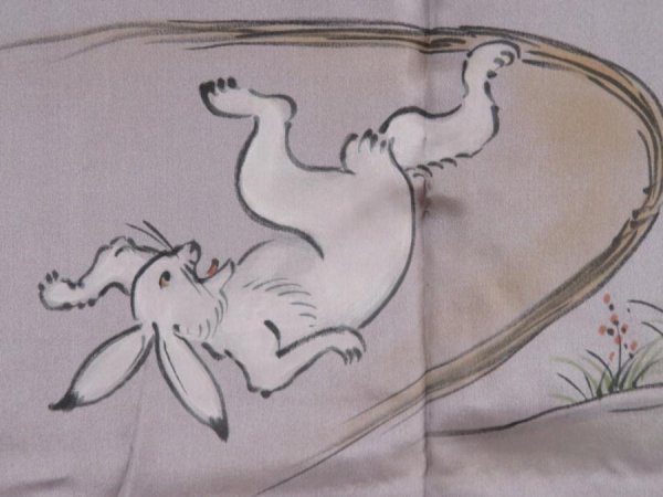 Photo3: 5504T10z500 Vintage Japanese Kimono Silk Men's Oshima HAORI 鳥獣戯画 (3)
