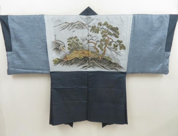 Photo1: 5504T14z470 Vintage Japanese Kimono Silk Men's OSHIMA HAORI Scenery Blue-Gray (1)