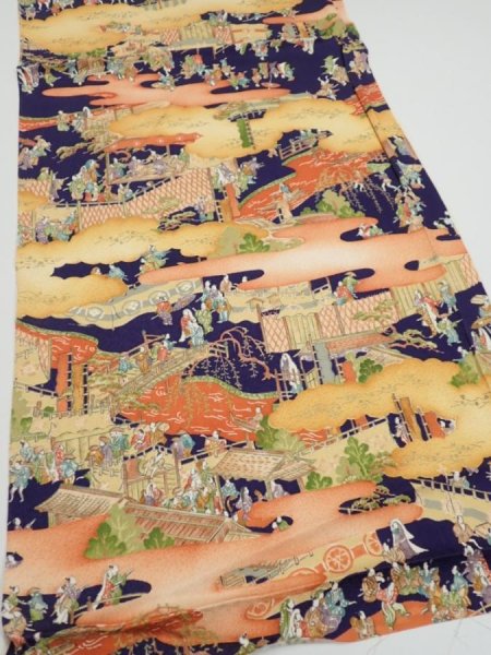 Photo2: 3G02z60  Japanese Kimono Silk  FABRIC Edo era Navy 40.2x14.2 (2)