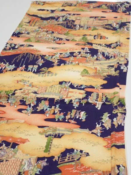 Photo3: 3G02z60  Japanese Kimono Silk  FABRIC Edo era Navy 40.2x14.2 (3)
